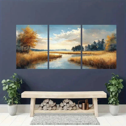3pcs Sunlit Grasslands Trees & Reflections Wall Art Set Canvas Framed 40x60cm - High Quality Print 100% Australian Made Wall Canvas Ready to Hang