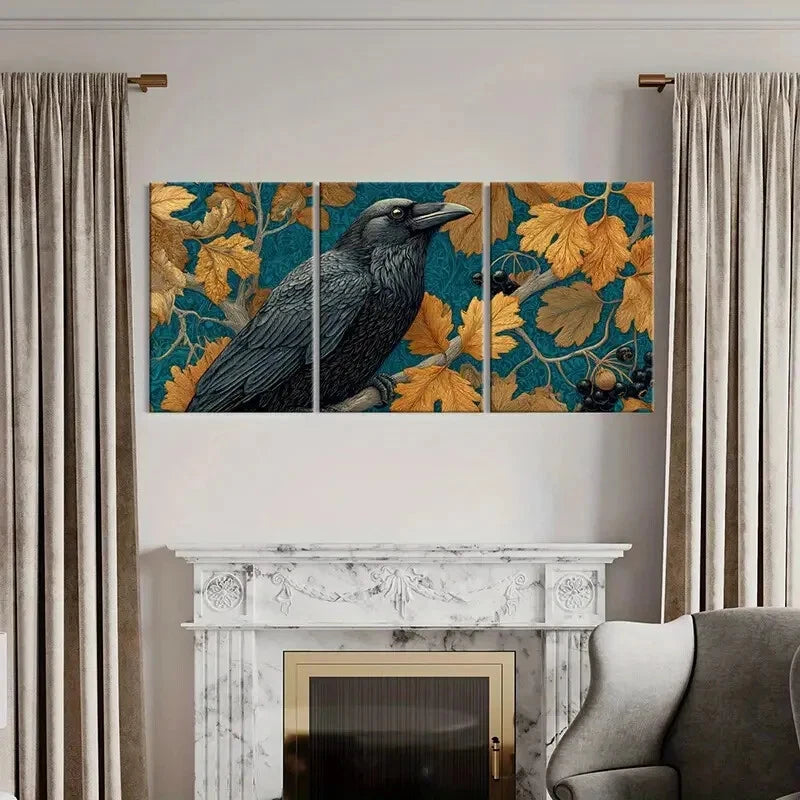 3pcs Elegant Crow Nature & Botanical Theme Metal Print Ready to Hang Art