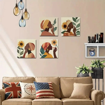 4pcs Black Woman Sunflower VintageWall Art Canvas Framed