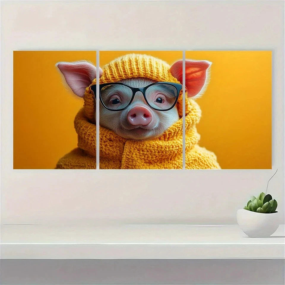 3pcs Whimsical Vibrant Animal Pig Glasses Colorful Metal Print Ready to Hang Art