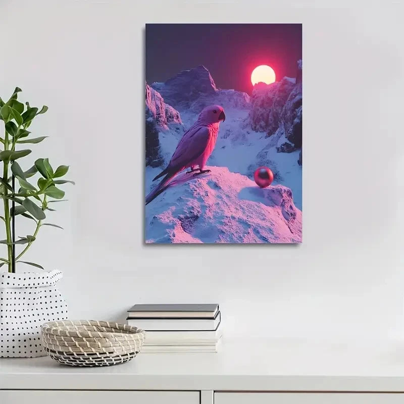 Realistic Parrot & Snowy Mountain Scene Painting 40x60cm Metal Print Ready to Hang