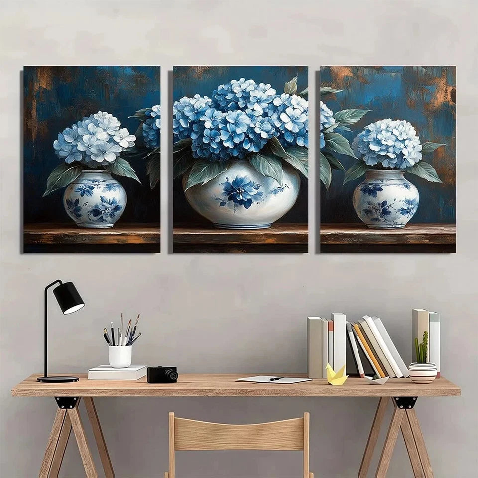 3pcs Elegant Vintage Blue & White Floral Metal Print Ready to Hang Art