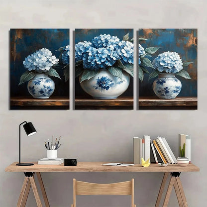 3pcs Elegant Vintage Blue & White Floral Metal Print Ready to Hang Art