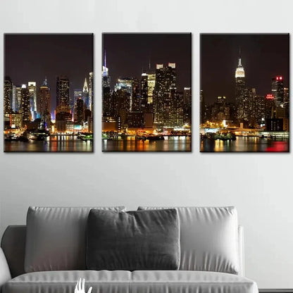 3pcs New York City Night View Skyline Perfect Wall Art Set Canvas Framed 40x60cm - High Quality Print 100% Australian Made Wall Canvas Ready to Hang