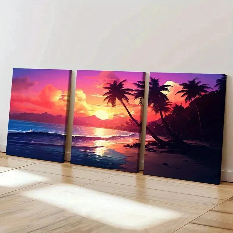 3pcs Colorful Sky Palm Trees & Ocean Waves Wall Art Set Canvas Framed 40x60cm - High Quality Print 100% Australian Made Wall Canvas Ready to Hang