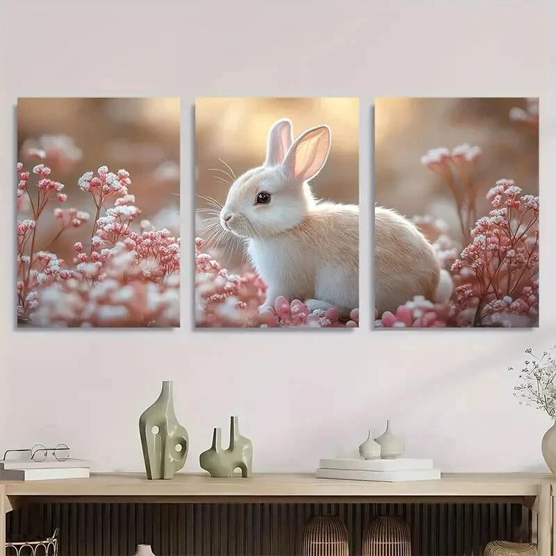 3pcs Blush Spring White Bunny Vintage Metal Print Ready to Hang Art