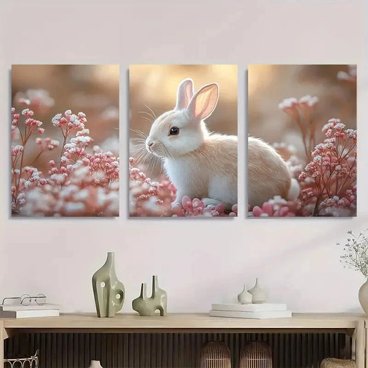 3pcs Blush Spring White Bunny Vintage Metal Print Ready to Hang Art