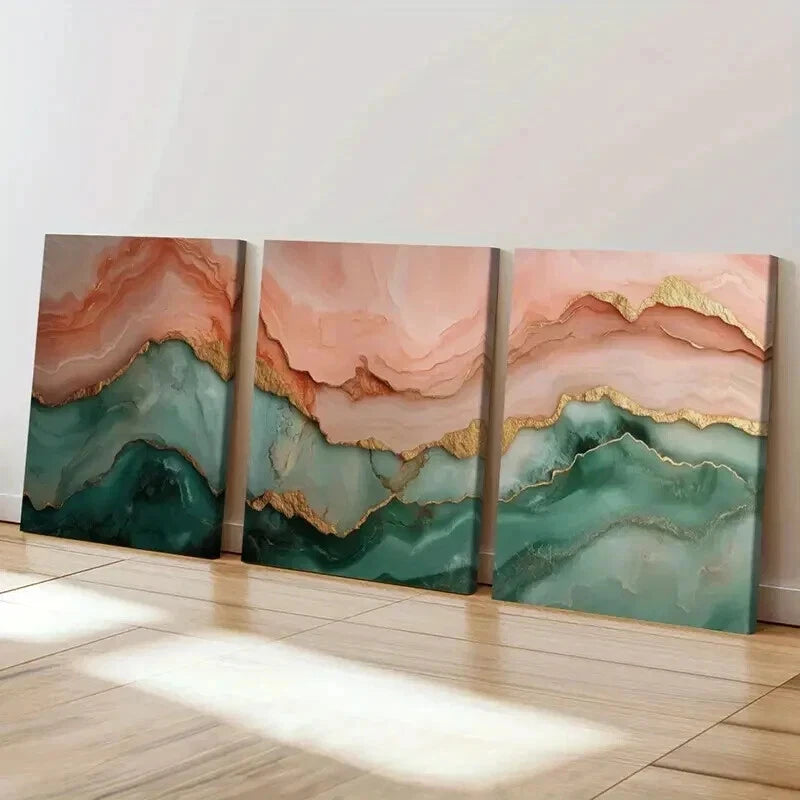 3pcs Teal and Pink with Golden Layered Abstract Wall Art Set Canvas Framed 50x70cm - High Quality Print 100% Australian Made Wall Canvas Ready to Hang