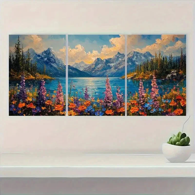 3pcs Vibrant Wildflower Scenery with Mountains Metal Print Ready to Hang Art
