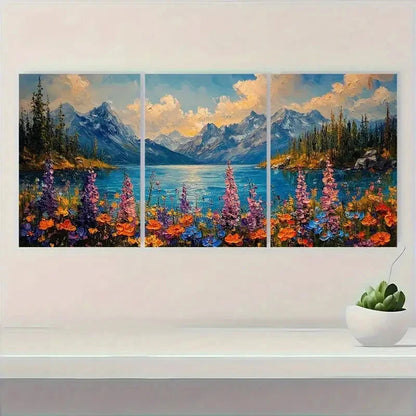 3pcs Vibrant Wildflower Scenery with Mountains Metal Print Ready to Hang Art
