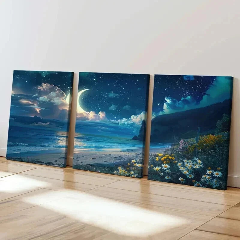 3pcs Beach Landscape Seaside Moon & Flowers Wall Art Set Canvas Framed 40x60cm - High Quality Print 100% Australian Made Wall Canvas Ready to Hang
