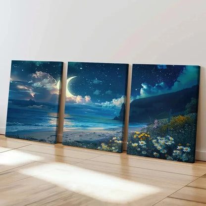 3pcs Beach Landscape Seaside Moon & Flowers Wall Art Set Canvas Framed 40x60cm - High Quality Print 100% Australian Made Wall Canvas Ready to Hang