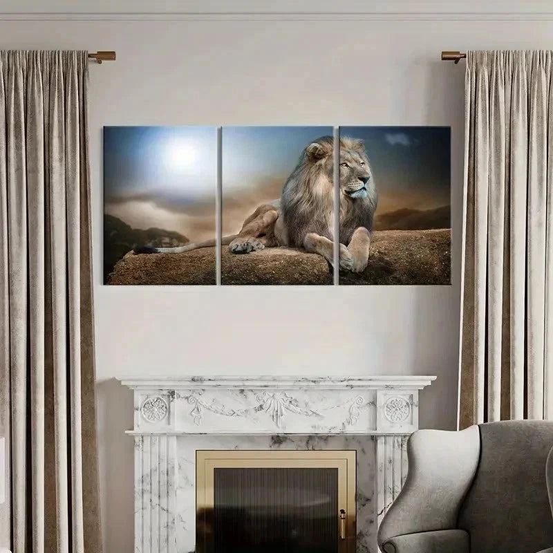 3pcs Animal Art Lion on the Ground Vintage Wall Art Set Canvas Framed 40x60cm - High Quality Print 100% Australian Made Wall Canvas Ready to Hang