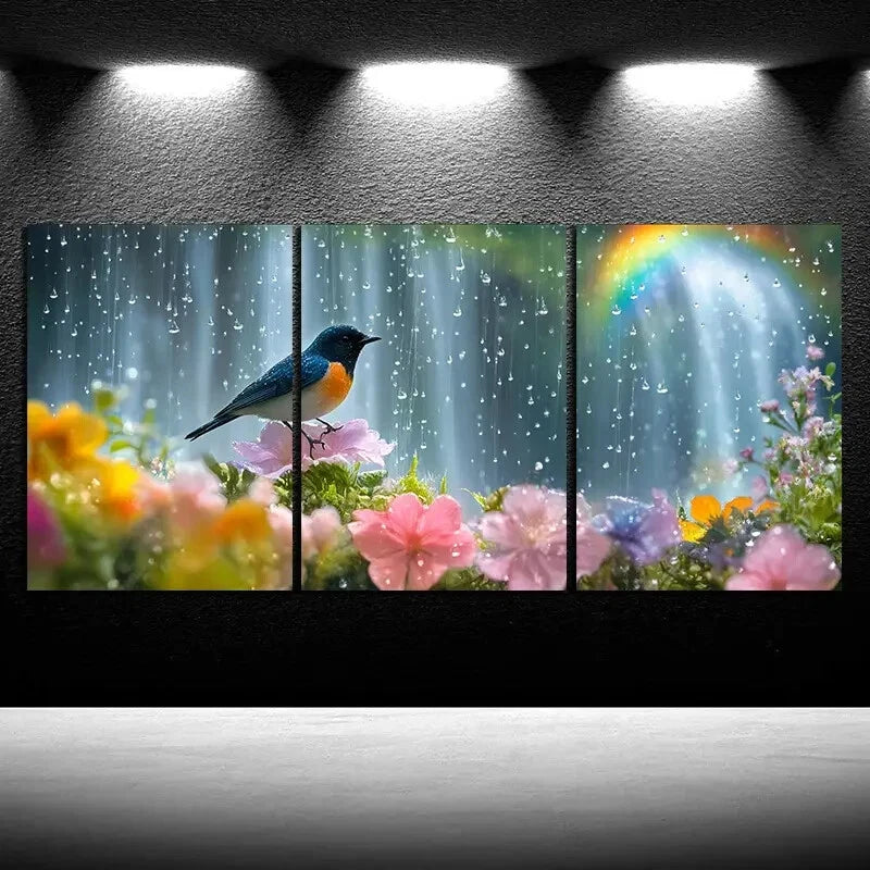 3pcs Bird and Floral Mural Nature Metal Print Ready to Hang Art