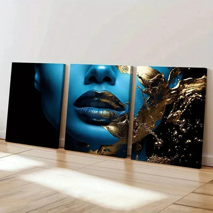 3pcs Golden Lips Abstract Blue Face Wall Art Set Canvas Framed 50x70cm - High Quality Print 100% Australian Made Wall Canvas Ready to Hang