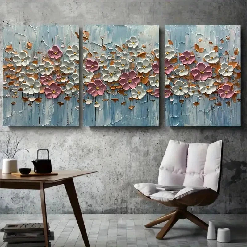 3pcs White and Pink Flowers with Copper Leaves Metal Print Ready to Hang Art