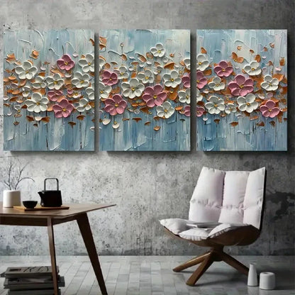 3pcs White and Pink Flowers with Copper Leaves Metal Print Ready to Hang Art