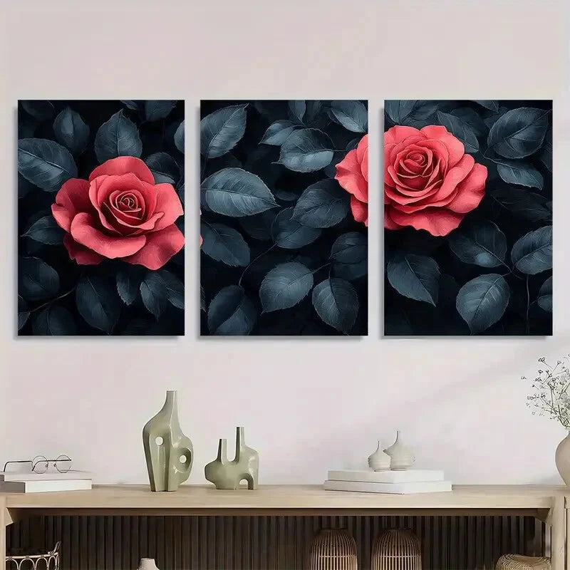 3pcs Old Pink & Black Roses with Stylized Leaves Metal Print Ready to Hang Art