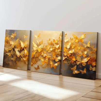 3pcs Abstract Art Gold Foil Butterfly Wall Art Set Canvas Framed 40x60cm - High Quality Print 100% Australian Made Wall Canvas Ready to Hang