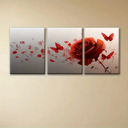 3pcs Charming Red Rose Butterflies Metal Print Ready to Hang Art