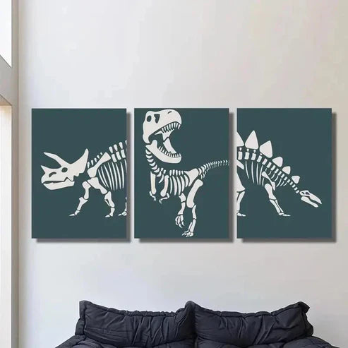 3pcs Dinosaur Triceratops Skeleton Outline Wall Art Set Canvas Unframed - High Quality Print 100% Australian Made Wall Canvas
