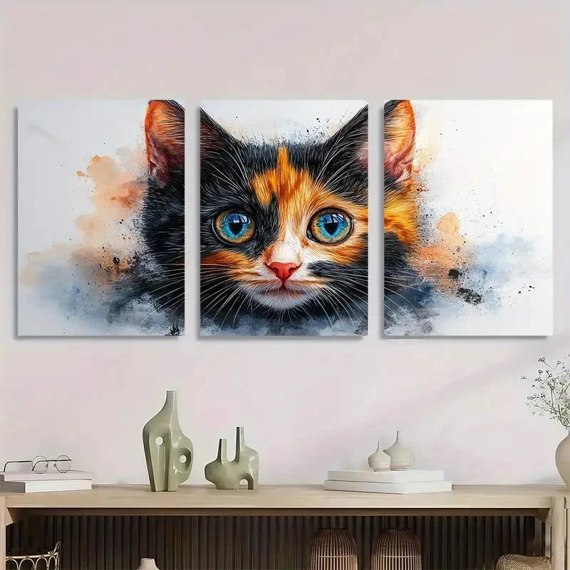 3pcs Calico Cat Cute Kitten Artwork Perfect Wall Art Set Canvas Framed 40x60cm - High Quality Print 100% Australian Made Wall Canvas Ready to Hang