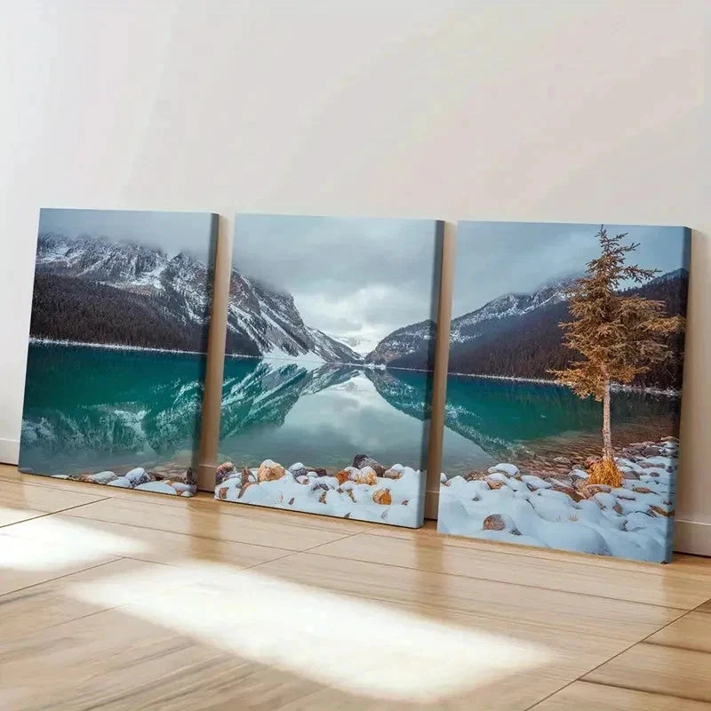 3pcs Snow Mountain Tree and Lake Modern Wall Art Set Canvas Framed 40x60cm - High Quality Print 100% Australian Made Wall Canvas Ready to Hang