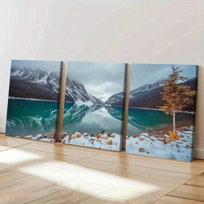 3pcs Snow Mountain Tree and Lake Modern Wall Art Set Canvas Framed 40x60cm - High Quality Print 100% Australian Made Wall Canvas Ready to Hang