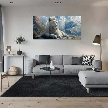 3pcs White Lion Majesty Mountain Metal Print Ready to Hang Art