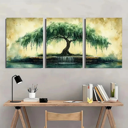 3pcs Serene Green Tree Willow Watercolor Metal Print Ready to Hang Art