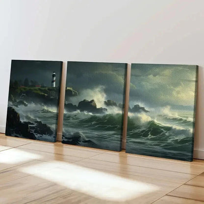 3pcs Lighthouse Overlooking Stormy Sea Waves Wall Art Set Canvas Framed 40x60cm - High Quality Print 100% Australian Made Wall Canvas Ready to Hang