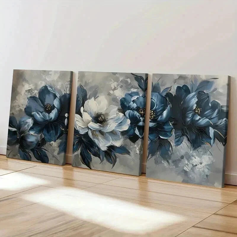 3pcs Elegant Blue & White Floral Decoration Wall Art Set Canvas Framed 40x60cm - High Quality Print 100% Australian Made Wall Canvas Ready to Hang