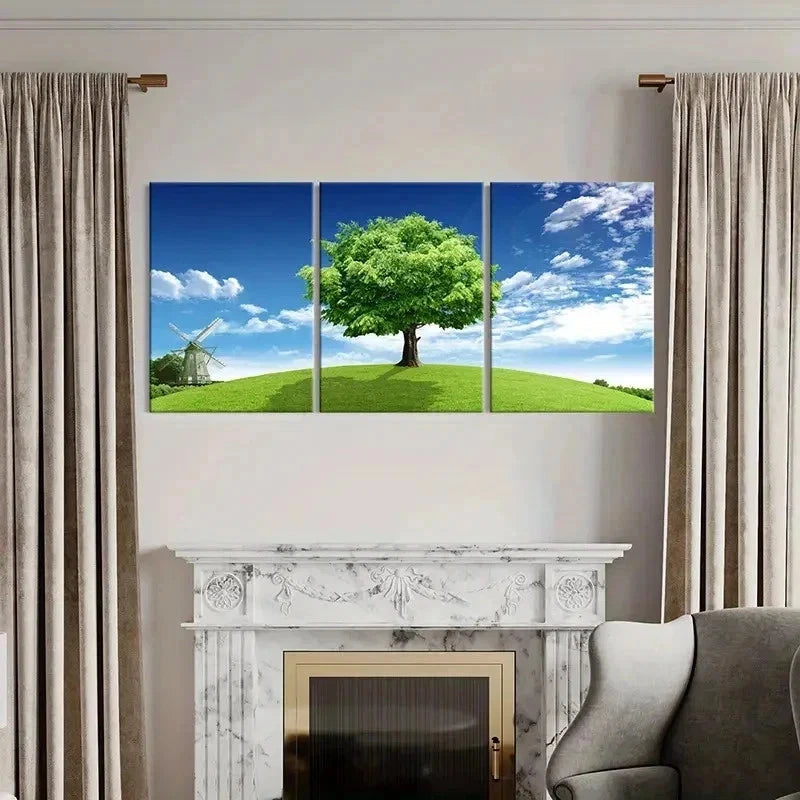 3pcs Blue Sky Grass and Big Trees Modern Wall Art Set Canvas Framed 40x60cm - High Quality Print 100% Australian Made Wall Canvas Ready to Hang