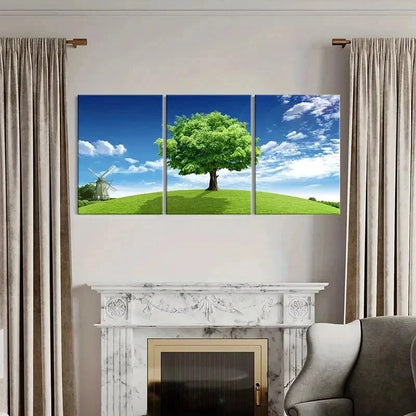 3pcs Blue Sky Grass and Big Trees Modern Wall Art Set Canvas Framed 40x60cm - High Quality Print 100% Australian Made Wall Canvas Ready to Hang