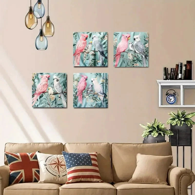 4pcs Vibrant Pink & Grey Parrots  Wall Art Canvas Framed