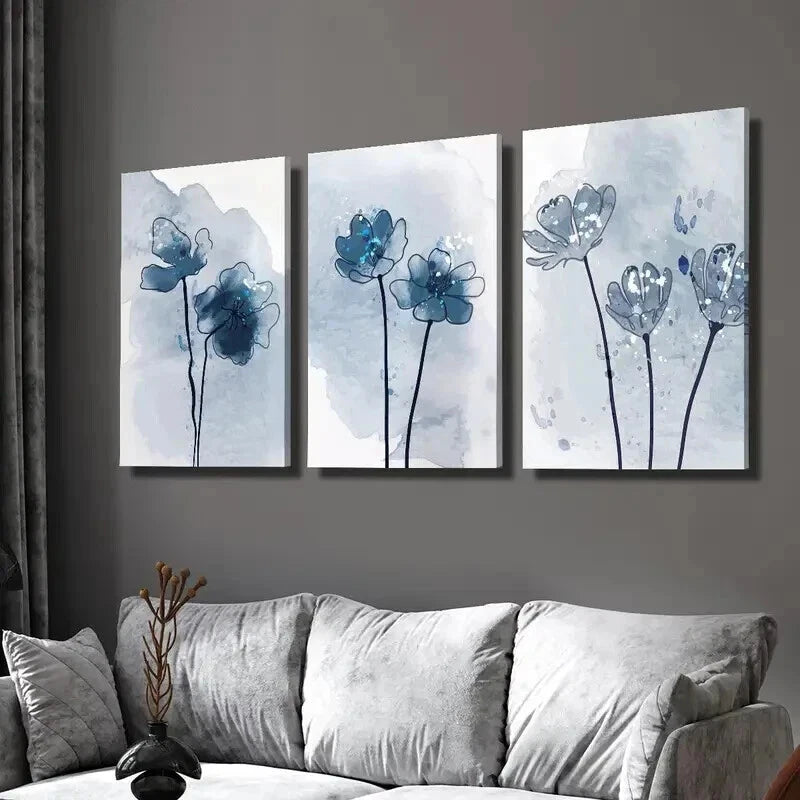 3pcs Botanical Blue Flower Decorations Wall Art Set Canvas Framed 40x60cm - High Quality Print 100% Australian Made Wall Canvas Ready to Hang