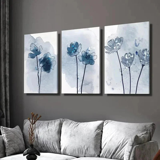 3pcs Botanical Blue Flower Decorations Wall Art Set Canvas Framed 40x60cm - High Quality Print 100% Australian Made Wall Canvas Ready to Hang