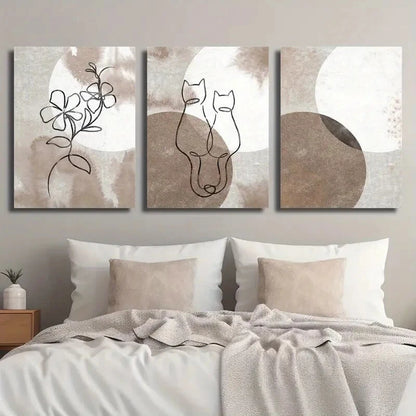 3pcs Modern Abstract Cat & Floral Line Perfect Wall Art Set Canvas Framed 40x60cm - High Quality Print 100% Australian Made Wall Canvas Ready to Hang