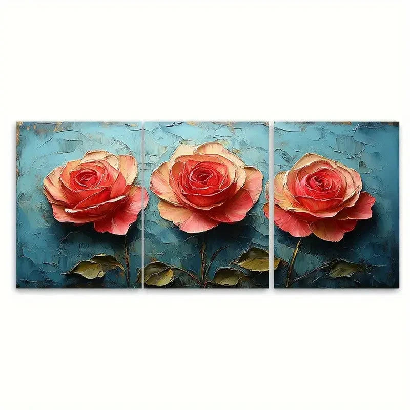 3pcs Rose Painting Flowers Impasto T Wall Art Set Canvas Framed 40x60cm - High Quality Print 100% Australian Made Wall Canvas Ready to Hang