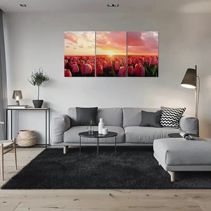 3pcs Sunset Tulip Field Botanical Metal Print Ready to Hang Art