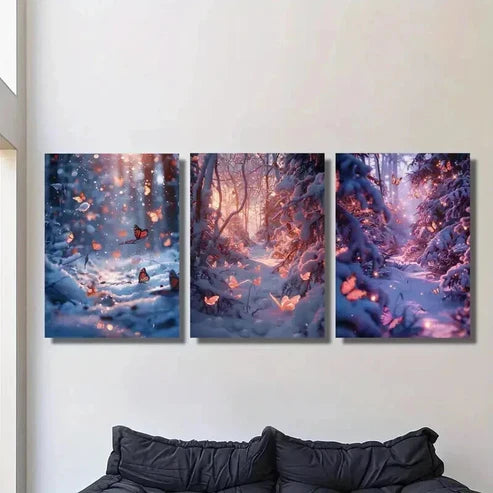 3pcs Glittering Winter Butterfly Snow Forest  Wall Art Set Canvas Unframed - High Quality Print 100% Australian Made Wall Canvas