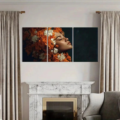 3pcs Floral Portrait with Orange & White Flowers Metal Print Ready to Hang Art