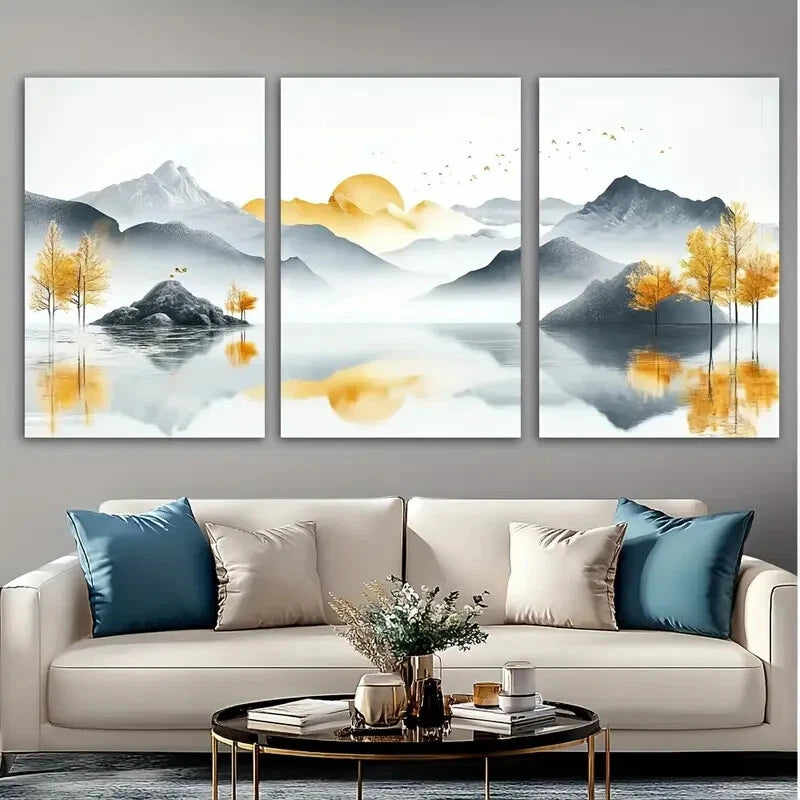 3pcs Abstract Golden Sunrise Lake Scenery Metal Print Ready to Hang Art