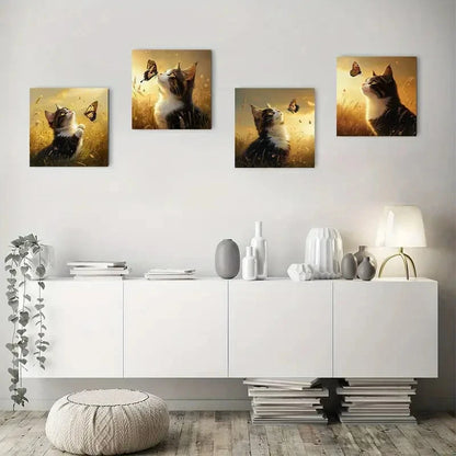 4pcs Butterfly And CatWall Art Canvas Framed