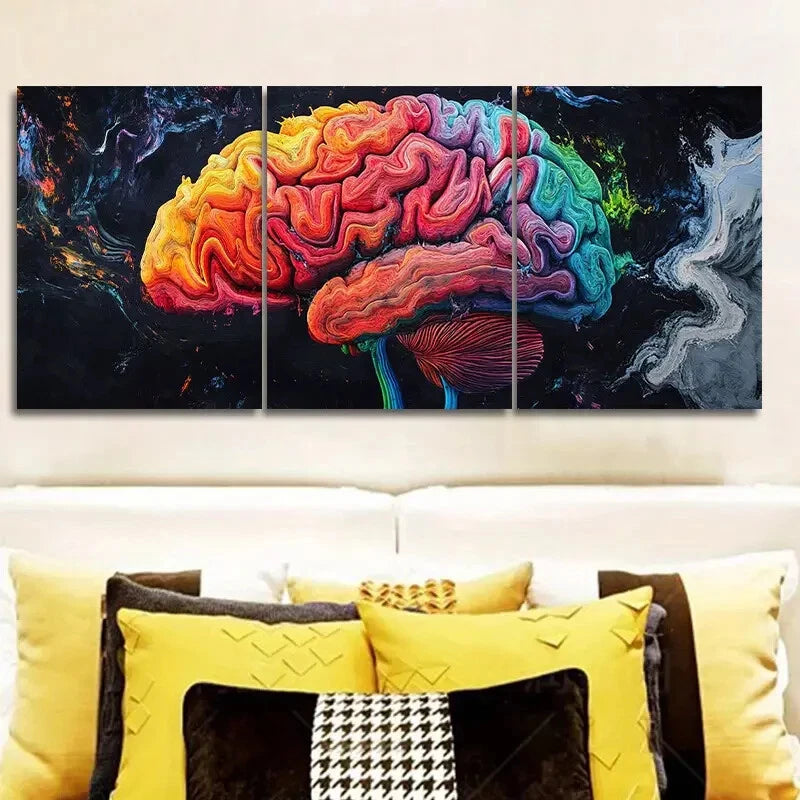 3pcs Vibrant Human Brain Colorful Neuron & Synapse Metal Print Ready to Hang Art