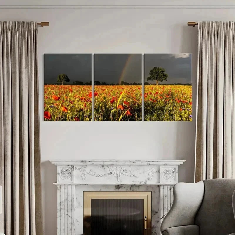 3pcs Vibrant Flower Field & Rainbow Landscape Wall Art Set Canvas Framed 40x60cm - High Quality Print 100% Australian Made Wall Canvas Ready to Hang