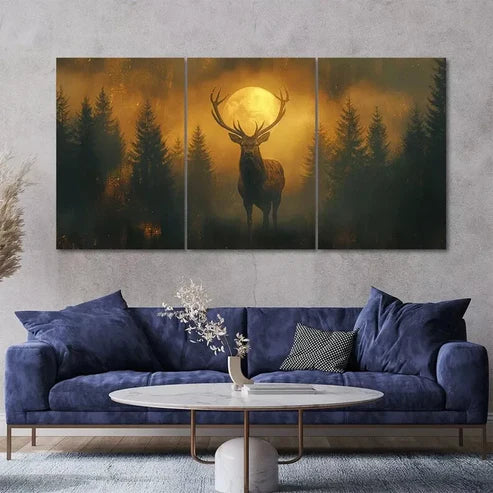 Mysterious Red Deer Stag Standing in a Foggy Forest 3 Pcs Canvas Framed 60x90cm - High Quality Print 100% Australian Made Wall Canvas Ready to Hang