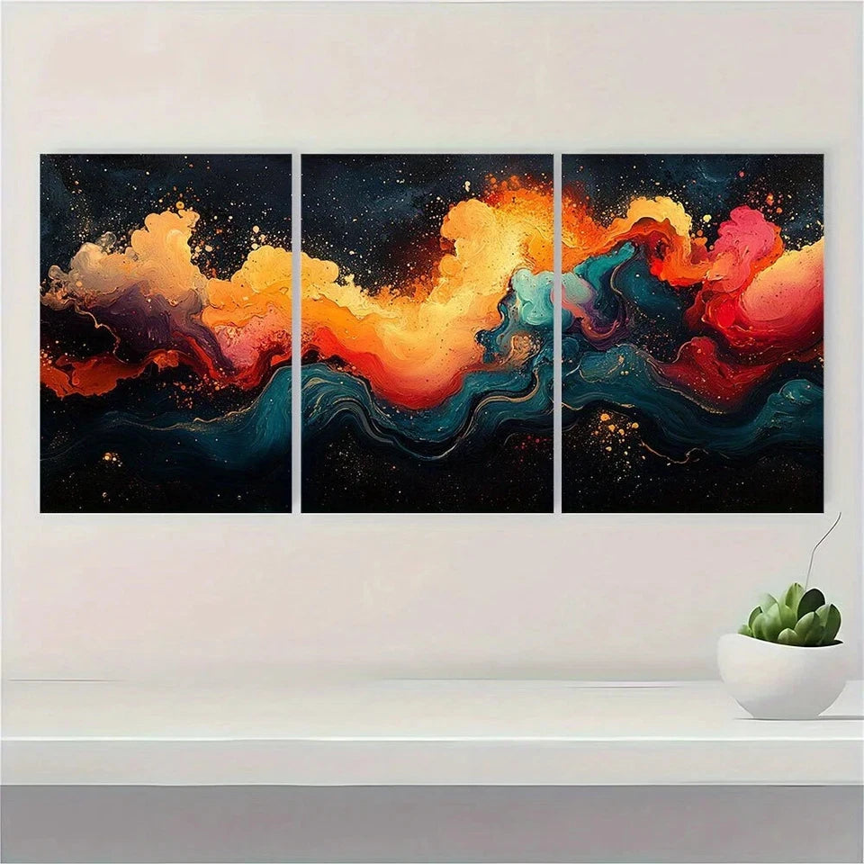 3pcs Abstract Colourful Painting Golden Blue Red Metal Print Ready to Hang Art
