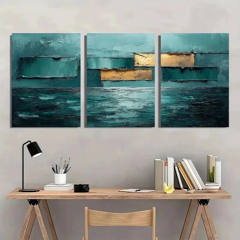 3pcs Teal Golden and Blue Tone Decoration Wall Art Set Canvas Framed 40x60cm - High Quality Print 100% Australian Made Wall Canvas Ready to Hang