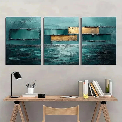 3pcs Teal Golden and Blue Tone Decoration Wall Art Set Canvas Framed 40x60cm - High Quality Print 100% Australian Made Wall Canvas Ready to Hang